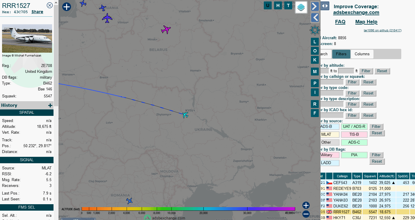 >UK military B462 military jet flew through the Ukraine at 07:26AM PST