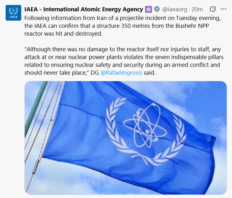 IAEA official statement on the Bushehr Nuclear Power Plant projectile strike, March 18, 2026