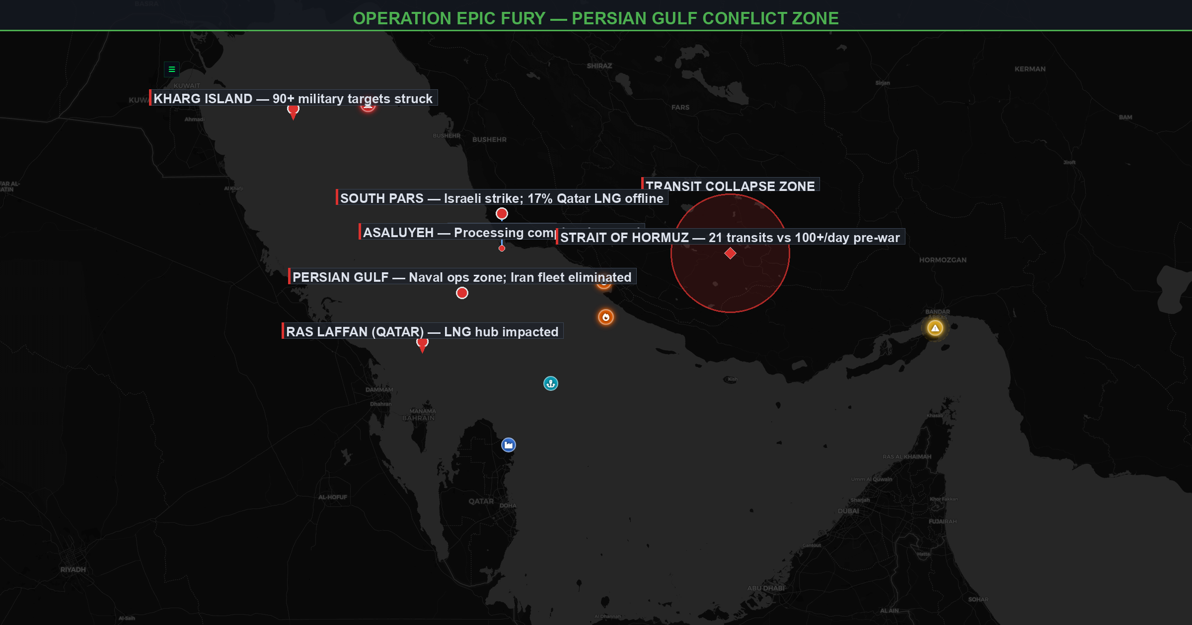 Annotated map of Operation Epic Fury conflict zone across the Persian Gulf showing strike locations and transit collapse
