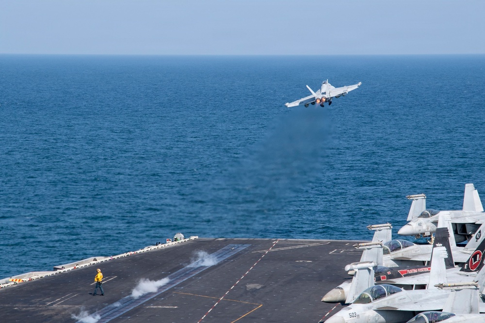 EA-18G Growler launches from USS Abraham Lincoln in support of Operation Epic Fury