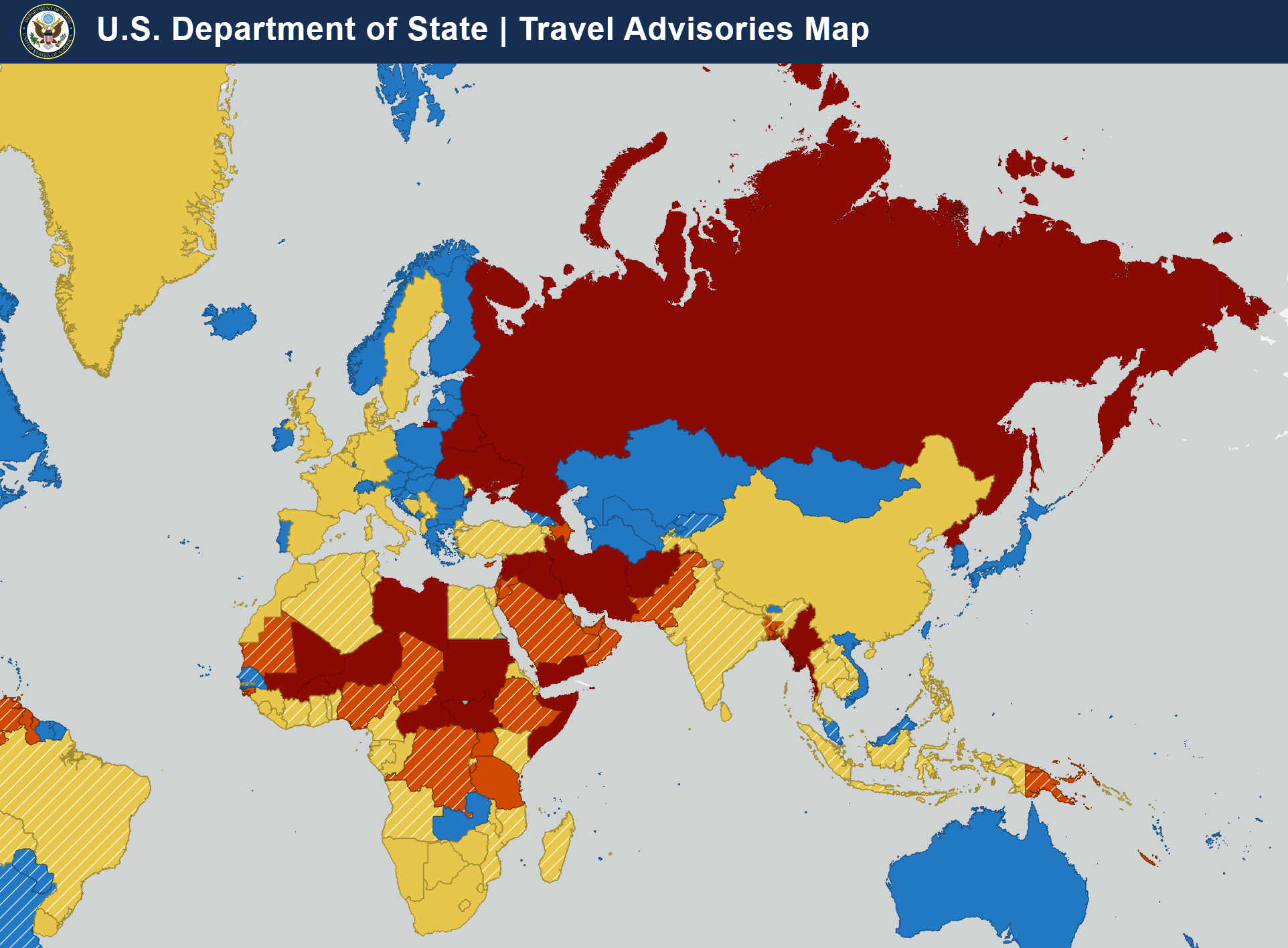 U.S. Department of State Travel Advisories Map showing Iraq at Level 4: Do Not Travel.