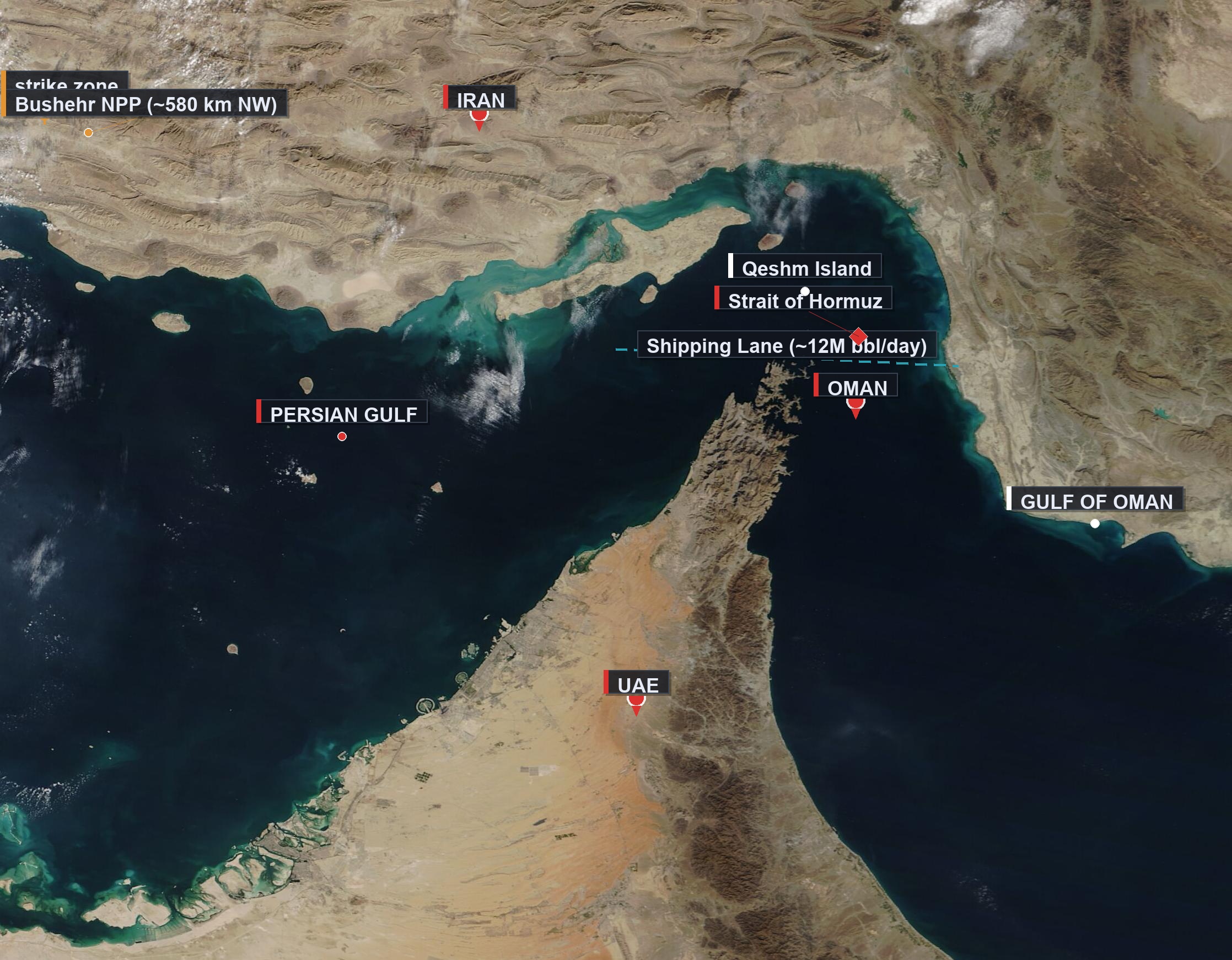 Strait of Hormuz, between Iran and the Arabian Peninsula