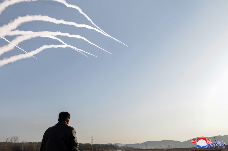 North Korean 600mm multiple rocket launcher system during a prior test firing. (Photo: KCNA, file)