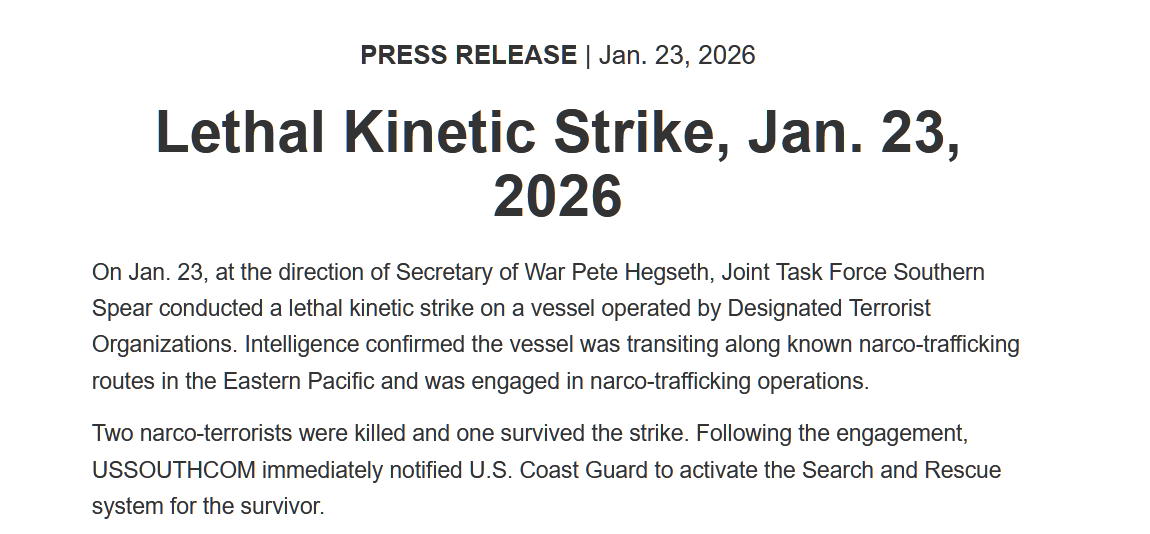 U.S. Southern Command Executes Lethal Kinetic Strike on Narco-Trafficking Vessel in Eastern Pacific