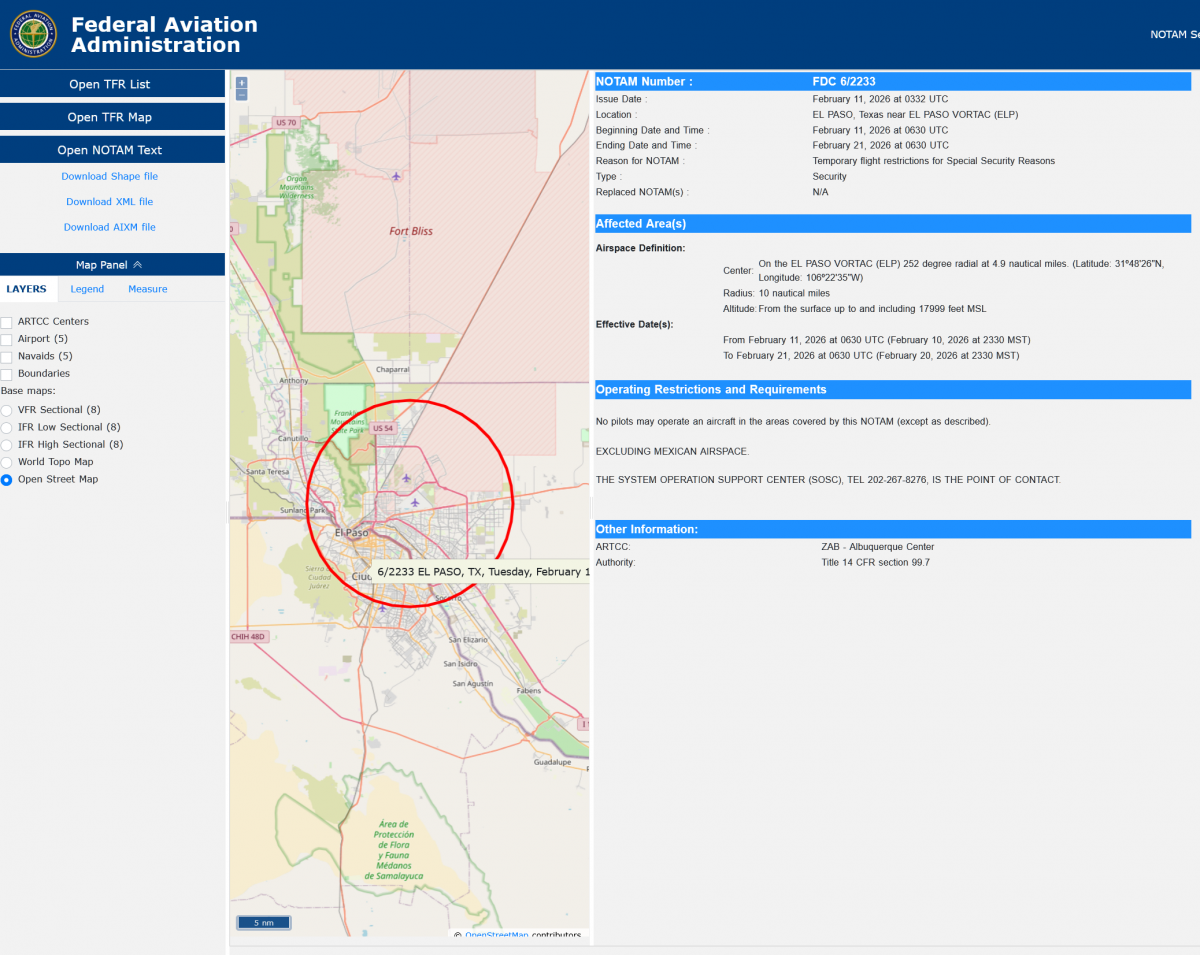 Texas FAA Establishes 10-Day Temporary Flight Restrictions Over El Paso and Santa Teresa