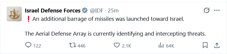 Sirens Sound As IDF Identifies Missiles Launched From Iran Toward Israel