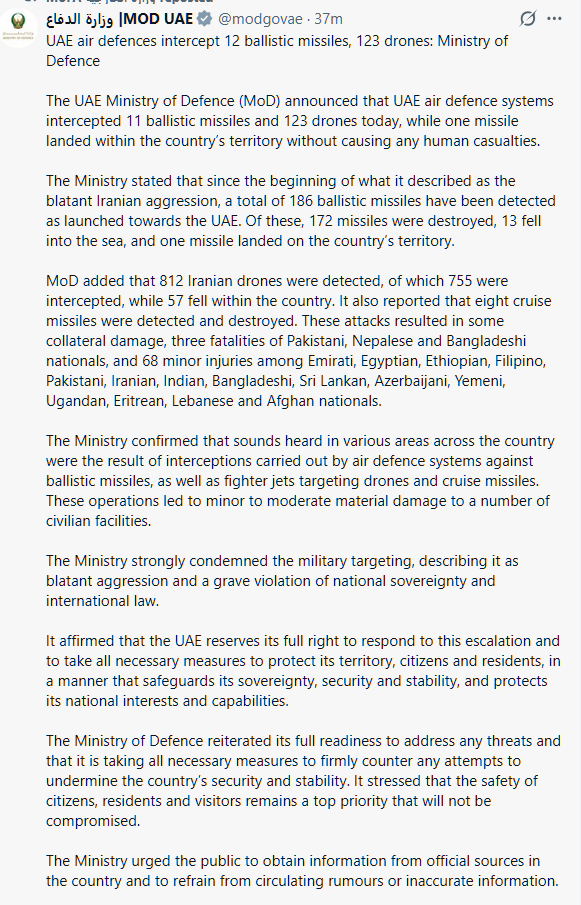 United Arab Emirates Ministry of Defense: "UAE air defenses intercept 12 ballistic missiles, 123 drones