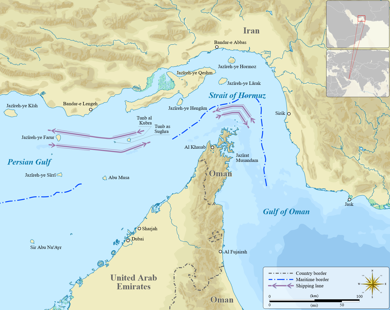Strait of Hormuz shipping lanes between the Persian Gulf and Gulf of Oman.